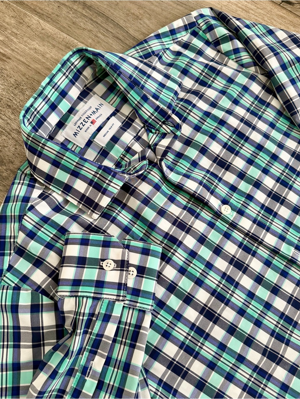 Mizzen+Main Green, Navy & White Plaid Performance Button-Down Shirt